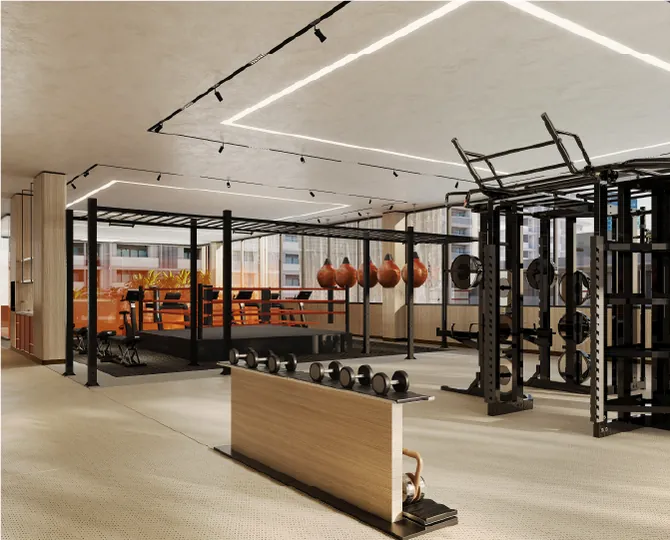 Gymnasium with cardio and weights zones
