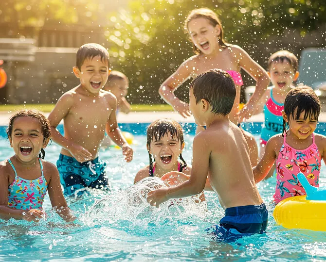Shallow kids' pool with play features